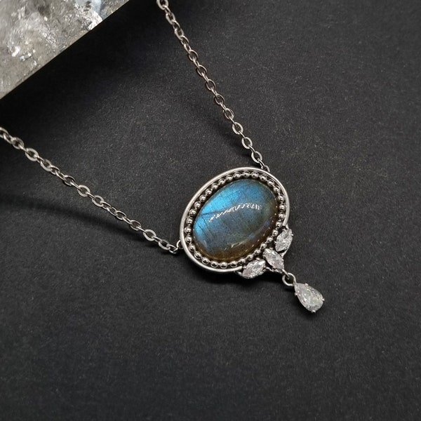 Collier acier inoxydable, labradorite bleue et oxyde de zirconium