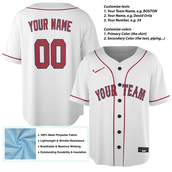 Custom Baseball Jersey, Your Team and Number Custom Shirt, Boston Red Sox Baseball Gifts, Baseball Team Uniform, Gift for Kids Adults