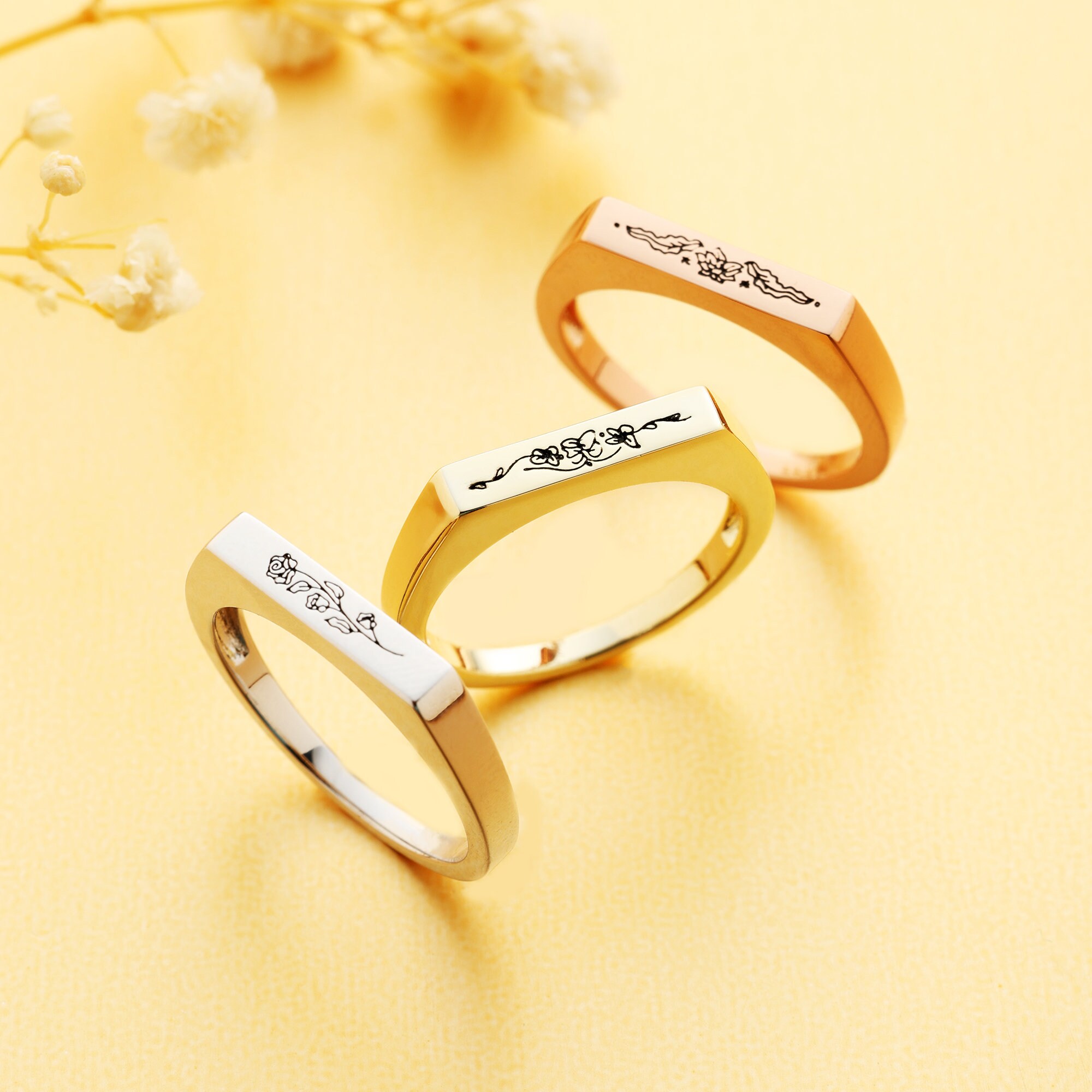Custom Birth Flower Ring, Dainty Engraved Flower Ring, Personalized ...