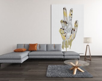 Golden Touch: opera d'arte stampata digitale di una mano incantevole | Bianco | Arte Moderna | Decorazione da parete stampabile | Arte digitale | Arte Oro