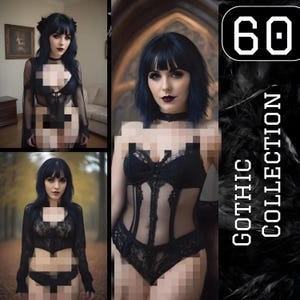 以下が含まれることがあります： 黒いレースのランジェリーセットを着た女性。シースルーのボディーと黒いチョーカーネックレスをしています。この画像は、60枚のゴシックな画像のコレクションの一部です。