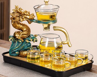 Juego de té de vidrio Golden Drago, artefacto para hacer té de vidrio, juego de té automático Kung Fu, juego de tazas de tetera, tetera magnética, regalos de cumpleaños