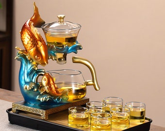 Carp semi-automatic glass tea set, magnetic teapot set, Kung Fu tea set, teapot with tea set, personalized tea set, housewarming gift