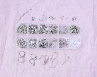180pcs Stainless Steel | 12 Grid Jewelry Making Kit for Earrings & Pendants | Earring Hooks, Stud Bases, Clasps, Jump Rings + Box