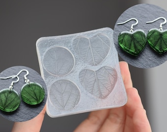 Silicone Mold for Resin heart earrings, circle shape, realistic leaf texture