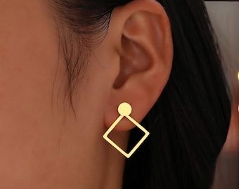 Square earrings, stainless steel earring, minimalist square earring, gold and silver women's ear stud