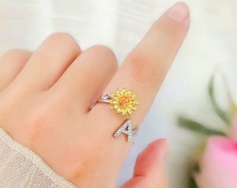 Anello iniziale antistress, anello rotante iniziale, regalo originale personalizzabile, anello girasole, anello promessa in argento