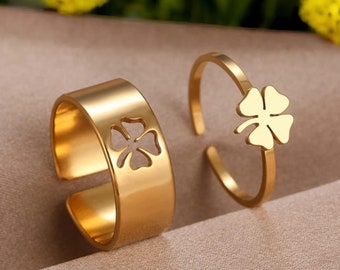 Passende Ringe für Paare, Paarring aus Edelstahl, Kleeblatt-Charm-Ring, verstellbarer Paar- und Freundschaftsring, Versprechensring