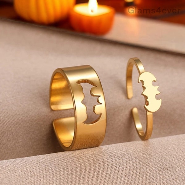 Passende Ringe für Paare, Set aus 2 Edelstahl-Paarringen, Fledermaus-verstellbares Ringset, Gothic-Du-und-ich-Ring