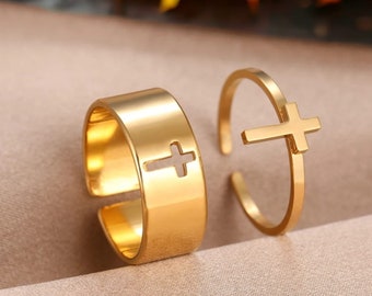 Passende Ringe für Paare, Paarring aus Edelstahl, verstellbarer Ring mit christlicher Kreuzmarkierung, Du-und-ich-Versprechensring