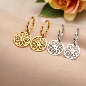 Stainless steel hoop earrings, mini women&#39;s hoop earrings with flower of life charm, piercing hoop earrings, stainless steel ear rings