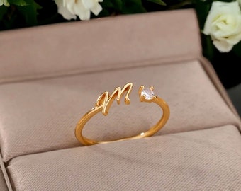 Initialenring aus Gold und Silber, verstellbarer Damenring, Brautjungferngeschenk, feiner Verlobungsring, personalisierter Ring mit Buchstaben und Strass