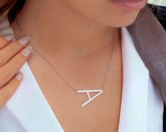 Collier initial en acier inoxydable, collier femme grand initial, collier personnalisé chaîne fine, collier initial original pour elle