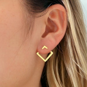 Boucle d'oreille carré en acier inoxydable, boucles d'oreilles jacket doré et argent, puce d'oreille carré, boucle minimaliste rectangulaire image 4