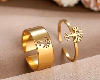 Stainless steel couple ring set, set of 2 tree of life charm rings, adjustable rings for couples and friendship, promise rings