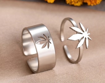 Ring set for couples, stainless steel couple ring, leaf charm ring, adjustable couple and friendship ring, promise ring