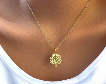 Collier acier inoxydable pendentif arbre de vie, collier ras de cou original, collier plaqué or femme minimaliste, cadeau unique pour maman