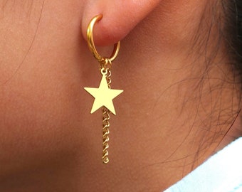 Créoles en acier inoxydable, boucle d'oreille créole pendentif chaine, boucle d'oreille breloque étoile, boucle d'oreille chaîne pendante