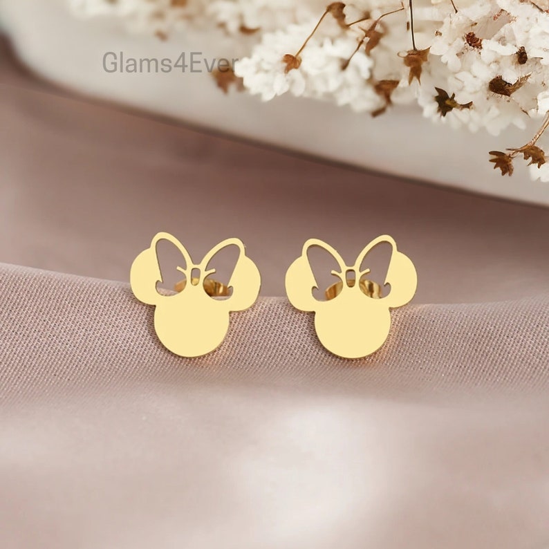 Stainless steel earrings, Disney Minnie Mouse ear studs, girls earrings, small gold and silver earring image 1