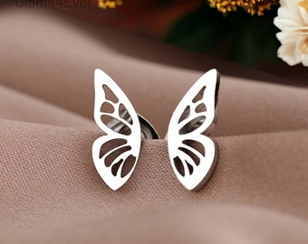 Mini pendiente de mariposa, pendiente de acero inoxidable, pendiente pequeño de ala de mariposa, pendiente piercing de plata