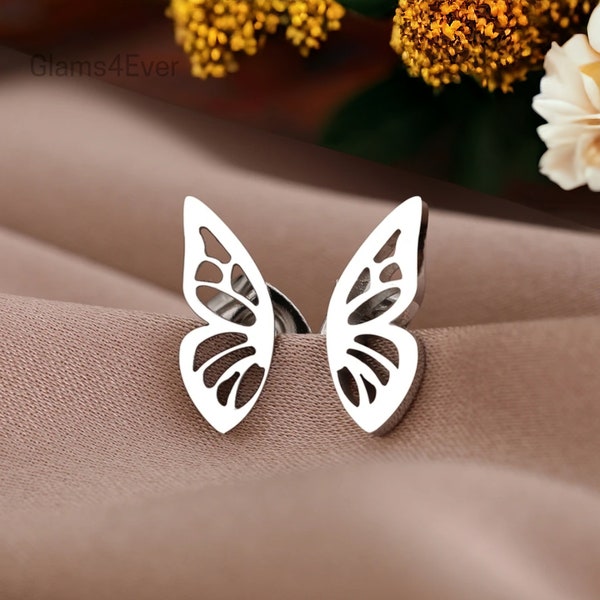 Mini clou d'oreille papillon, boucle d'oreille en acier inoxydable, petite boucle d'oreille aile papillon, boucle d'oreille argent piercing