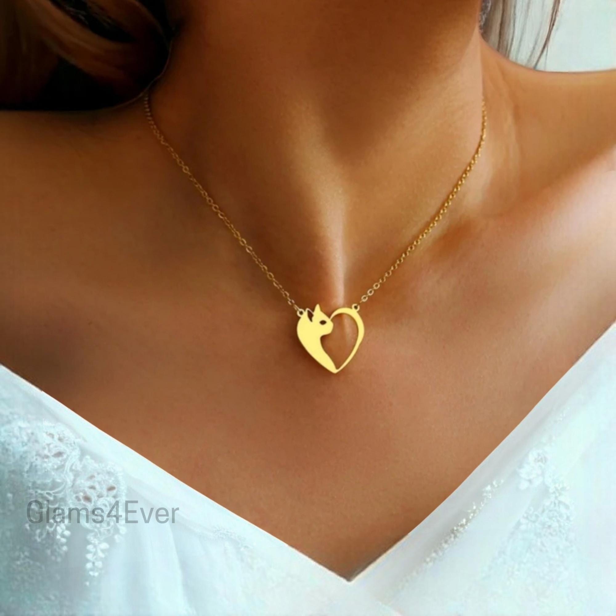 Colar de aço inoxidável feminino, colar de coração de gato feminino, colar gargantilha original, colar de coração original, presente exclusivo para ela