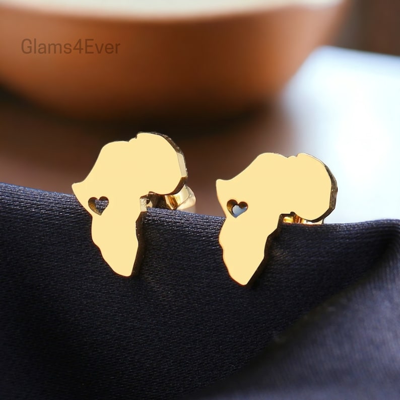 Boucle d'oreille Afrique, clous d'oreilles carte d'Afrique, boucle d'oreille africaine doré et argenté, puce d'oreille acier inoxydable image 1