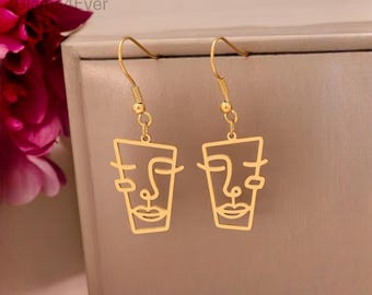 Brincos de rosto abstrato em aço inoxidável | Joias minimalistas banhadas a ouro 18K ou prata | Presente feminino original e moderno