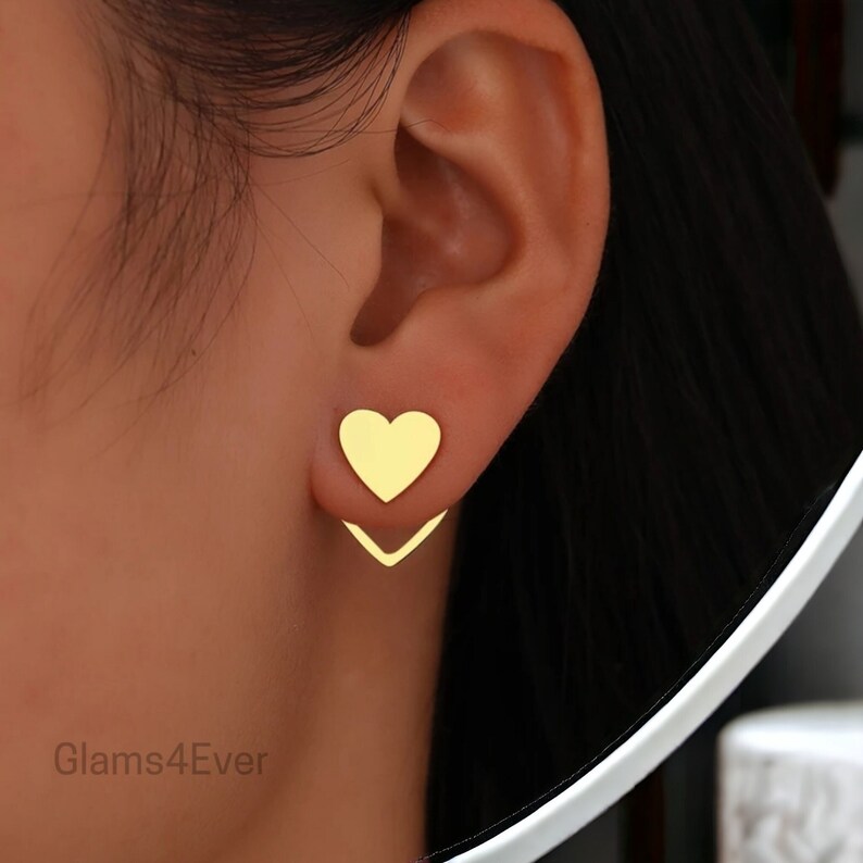 Boucle d'oreille coeur en acier inoxydable, veste d'oreille forme coeur romantique, Boucle d'oreille devant derrière, clou d'oreille coeur image 1