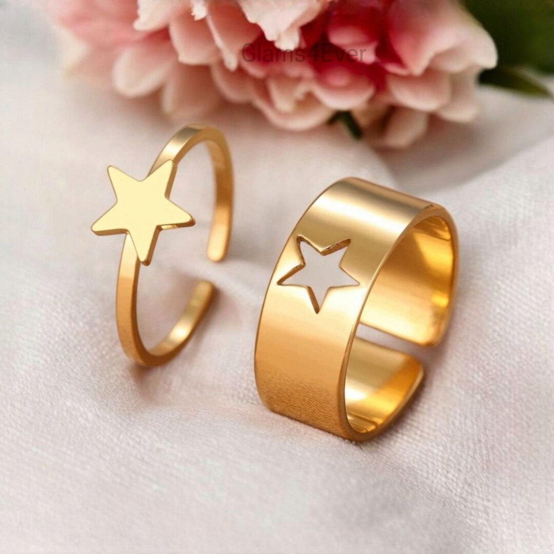 Duo Couple Star Rings in Gold or Silver Stainless Steel, Adjustable ...