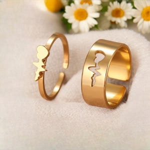 Matching heart ring for couple, stainless steel couple ring, adjustable ring with beating heart marking, friendship ring, you and me ring