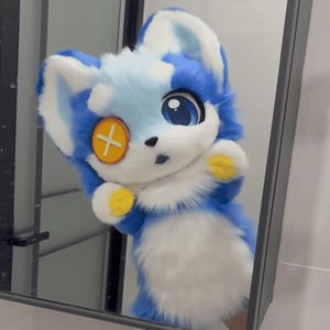May include: A blue, white, and yellow furry creature costume with large blue eyes and a yellow button-like detail on one eye. The costume has large ears and is reflected in a mirror.