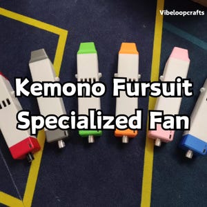 May include: Six small, white, rectangular fans with different colored tops. The tops are red, gray, green, orange, pink, and blue. The fans are labeled "Kemono Fursuit Specialized Fan".