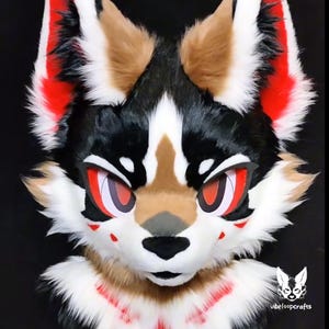 Crimson-eyed Black Fox Fursuit Head, Customized Kenomo Fur Clothing, Fursuit Accessories, Furry Ears, Fantasy Creature, Furry Cosplay Gifts