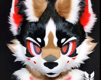 Tête de fourrure de renard noir aux yeux pourpres, vêtements personnalisés en fourrure de Kenomo, accessoires de fourrure, oreilles à fourrure, créature fantastique, cadeaux cosplay à fourrure