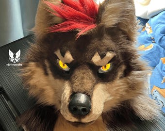 Tête de costume de roi coyote roux, vêtements personnalisés en fourrure de kenomo, accessoires de costume de fourrure, oreilles à fourrure, créature fantastique, cadeaux cosplay à fourrure