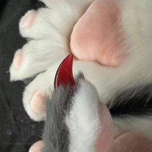 May include: Close-up of a plush paw with white fur and pink pads. A red claw extends from the paw. The paw is part of a larger costume or plush item. The image is well-lit and shows the texture of the fur.
