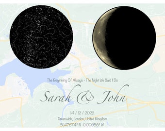 Personalised Moon Phase, Stars and Location Map Print | The Night We Said I Do | Astrology Wall Art | Couples Wall Art | White - Landscape