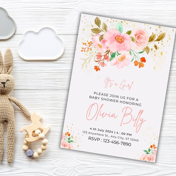 Editable blush pink baby shower Invitation, baby in bloom, pink floral, sweet baby girl, printable, Digital template