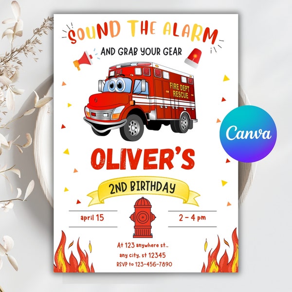 Editable Firetruck Invitation, Fire truck BirthdayParty, Fire truck invitation, Fire Engine Invitation, Firetruck Birthday Printable