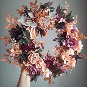 Burgundy Rose Hydrangea Autumn Wreath, Fall Floral Decor