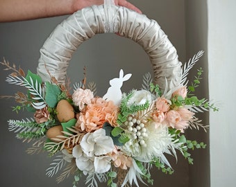 Couronne de Pâques pêche pour la porte, Couronne de Pâques avec lapin blanc et œufs, Couronne d'intérieur créative, Décoration pêche dans le salon, cadeau