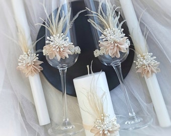 Wedding accessories set in beige and white colors,  Unity candles for the wedding ceremony with rhinestones and feathers, Glasses for brides