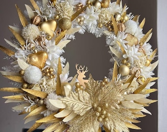 Golden Christmas Wreath with Deer, Handmade Holiday Door Decor