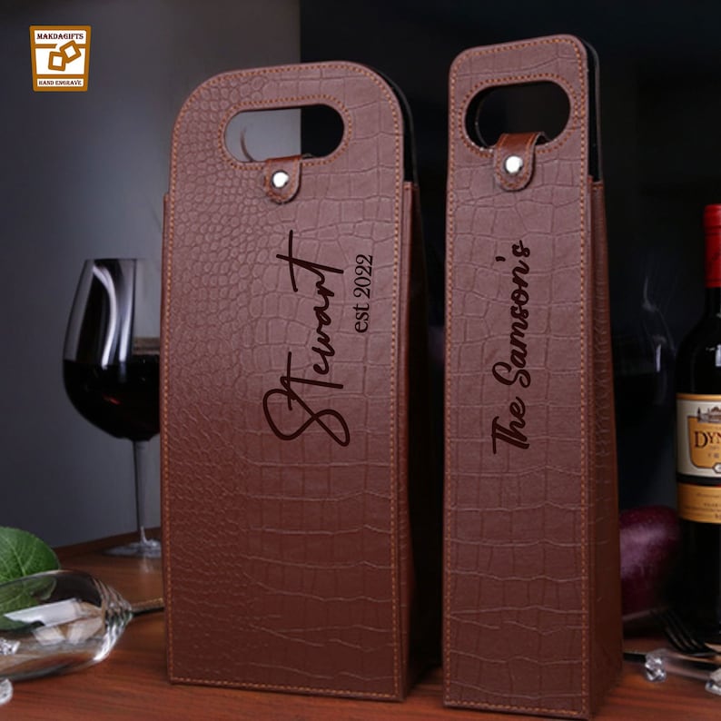 Personalisierte Leder Wein Caddy, Hand gefertigte Weinhalter, benutzerdefinierte gravieren Wein Sleeve, Monogramm Wein Tasche, Weinzubehör, Hochzeitsgeschenke Bild 9