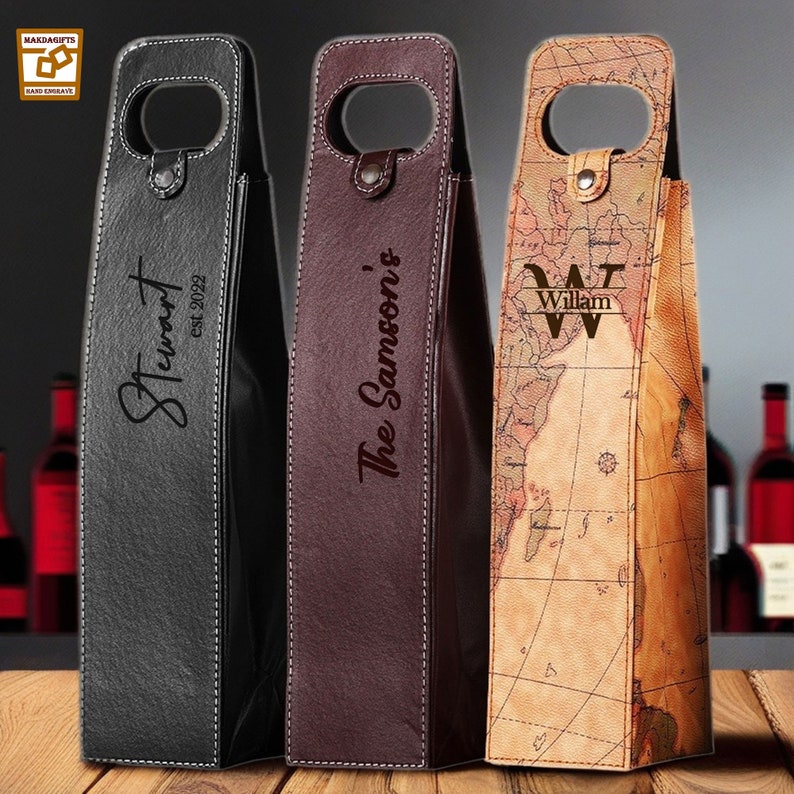 Personalisierte Leder Wein Caddy, Hand gefertigte Weinhalter, benutzerdefinierte gravieren Wein Sleeve, Monogramm Wein Tasche, Weinzubehör, Hochzeitsgeschenke Bild 1