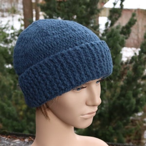Slouchy beanie hats. mans winter hat, womens winter hat, handknitted blue hat.