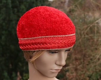 Bonnet pour femme rouge au crochet, bonnet luxueux, chapeau pour femme de style rétro, chapeaux pour femme rouge vif