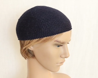 Cappelli kufi corti in puro lino blu notte, berretto corto all'uncinetto con zucchetto da uomo blu scuro, semplice cappello blu da uomo