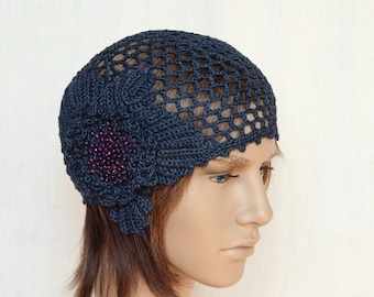 Cappello estivo all'uncinetto in lino blu notte: berretto da spiaggia con fiori di perline